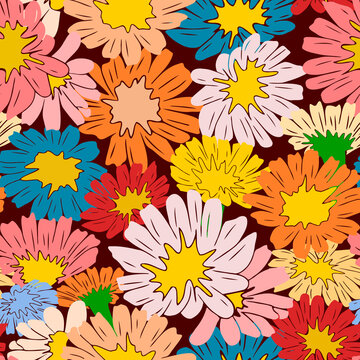 Seamless pattern with silhouette of colorful flowers. Floral background with big flowers.