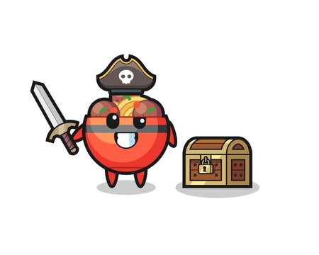 the meatball bowl pirate character holding sword beside a treasure box