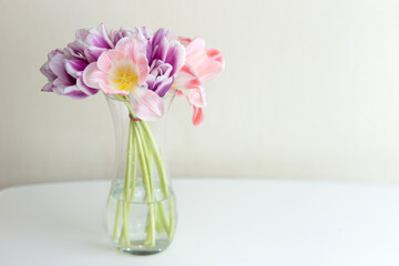 An open bouquet of pink and purple tulips stands in a glass transparent vase, on a white table