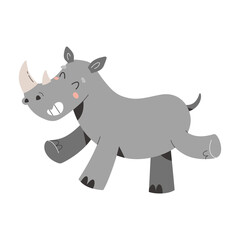 Cute rhino, african safari animal, jumping and smiling wild mammal with horns, african cartoon vector illustration isolated on white, print or sticker for nursery