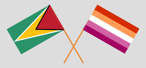 Crossed flags of Guyana and Lesbian Pride. Official colors. Correct proportion