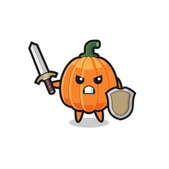 cute pumpkin soldier fighting with sword and shield