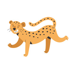 Cute smiling jaquar, exotic jungle animal with friendly facial expression, african wildlife, flat vector illustration, vector clip art isolated on white background