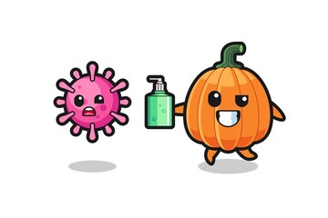 illustration of pumpkin character chasing evil virus with hand sanitizer