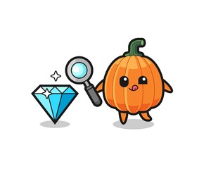 pumpkin mascot is checking the authenticity of a diamond