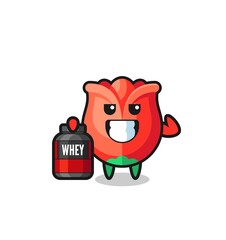 the muscular rose character is holding a protein supplement