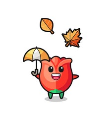 cartoon of the cute rose holding an umbrella in autumn