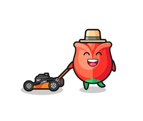 illustration of the rose character using lawn mower