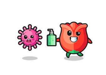 illustration of rose character chasing evil virus with hand sanitizer