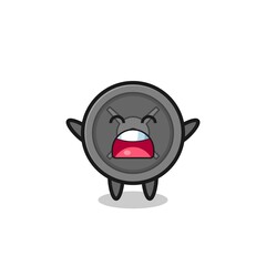 cute barbell plate mascot with a yawn expression