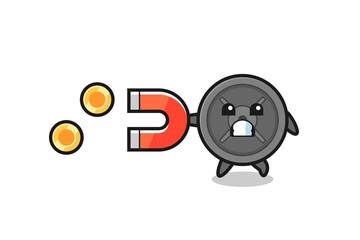 the character of barbell plate hold a magnet to catch the gold coins