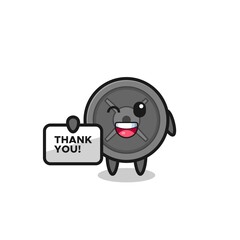 the mascot of the barbell plate holding a banner that says thank you
