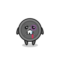 injured barbell plate character with a bruised face