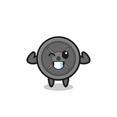 the muscular barbell plate character is posing showing his muscles