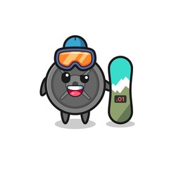 Illustration of barbell plate character with snowboarding style