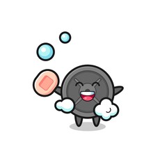 barbell plate character is bathing while holding soap