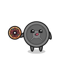 illustration of an barbell plate character eating a doughnut