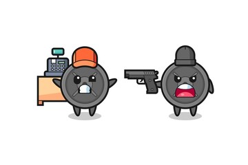 illustration of the cute barbell plate as a cashier is pointed a gun by a robber