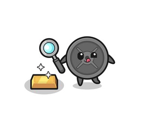 barbell plate character is checking the authenticity of the gold bullion