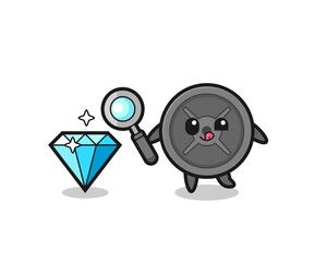 barbell plate mascot is checking the authenticity of a diamond