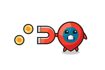 the character of location symbol hold a magnet to catch the gold coins