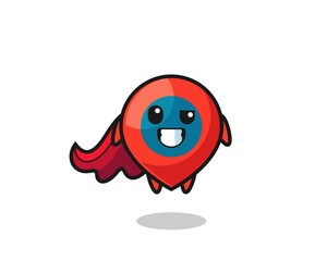 the cute location symbol character as a flying superhero
