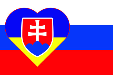 A heart painted in the colors of the flag of Ukraine on the flag of Slovakia. Vector illustration of a blue and yellow heart on the national symbol.
