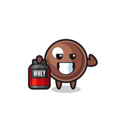 the muscular tapioca pearl character is holding a protein supplement