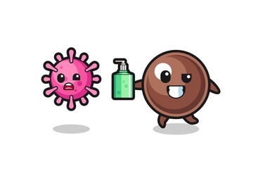 illustration of tapioca pearl character chasing evil virus with hand sanitizer