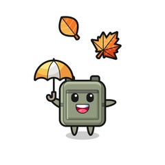 cartoon of the cute school bag holding an umbrella in autumn