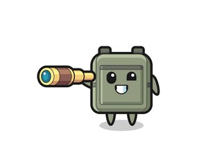 cute school bag character is holding an old telescope