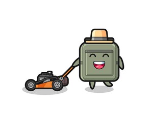 illustration of the school bag character using lawn mower