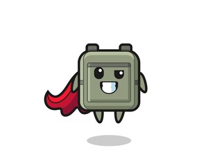 the cute school bag character as a flying superhero