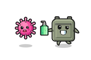 illustration of school bag character chasing evil virus with hand sanitizer
