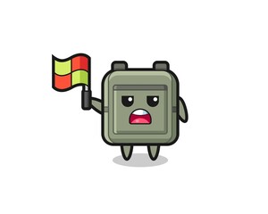 school bag character as line judge putting the flag up