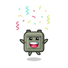 happy school bag mascot jumping for congratulation with colour confetti