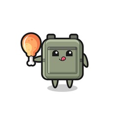 school bag cute mascot is eating a fried chicken
