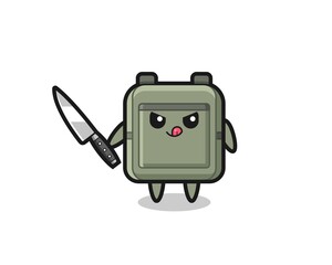 cute school bag mascot as a psychopath holding a knife