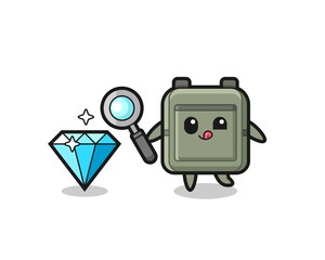 school bag mascot is checking the authenticity of a diamond