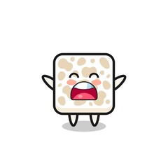 cute tempeh mascot with a yawn expression