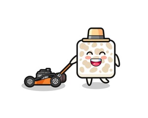 illustration of the tempeh character using lawn mower