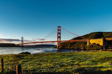 View of San Francisco Bay and Golden Gate Bridge in the morning.