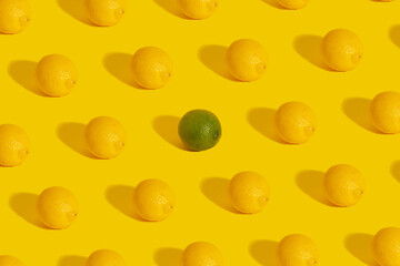 Pattern of lemon on a yellow background with green lime in the middle.