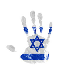 Handprint with the colors of the Israeli flag isolated on white background