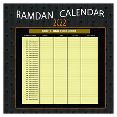Ramadan Calendar Design Template. Islamic Calendar and Sehri Ifter time Schedule. Hijri islamic calendar 2022. Ramadan calendar, Ramadan schedule for Prayer times in Ramadan.