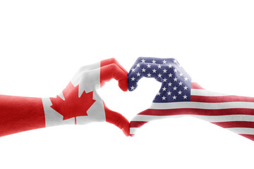 Two hands in the form of heart with United States and Canadian flag isolated on white background with clipping path