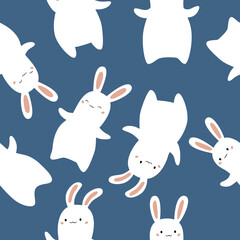 Seamless pattern with cute white rabbits on dark blue background. Cartoon kawaii animal character. Flat style vector illustration.
