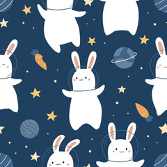 Space seamless pattern with cute rabbits, planets, carrots and stars. Funny kawaii bunny on dark blue background. Perfect for fabric prints, wrapping paper, wallpaper and prints. Vector illustration.