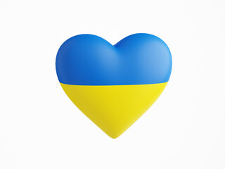Support Ukraine - heart of blue and yellow ukrainian flag colors 3d render isolated on white background.