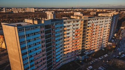 Aerial view of a large apartment building in the Nowy Port district of Gdansk.